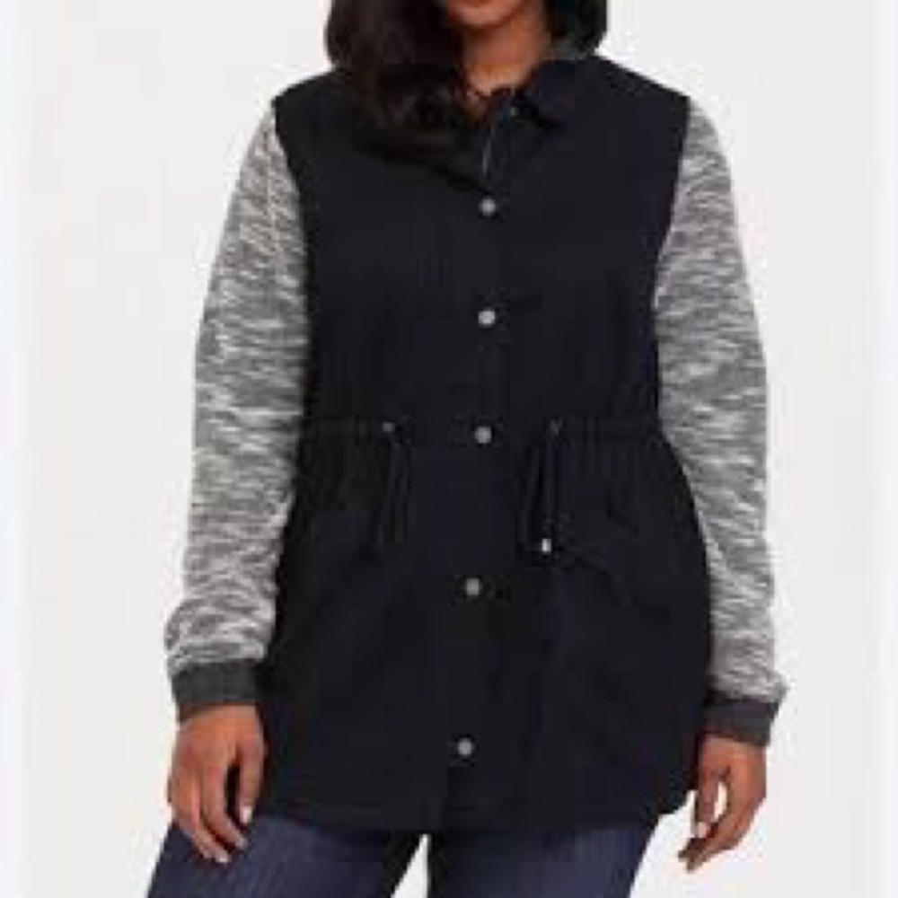 Torrid 1X Black & Gray Hooded Zip & Button Up 100% Cotton Winter Bomber Jacket